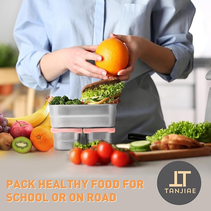 Small Stainless Steel Lunch Containers for Kids | Leak Proof Snack Containers with Silicone Lids - Perfect Metal Lunch Box with Lids for School and Daycare (25oz+8oz*2)