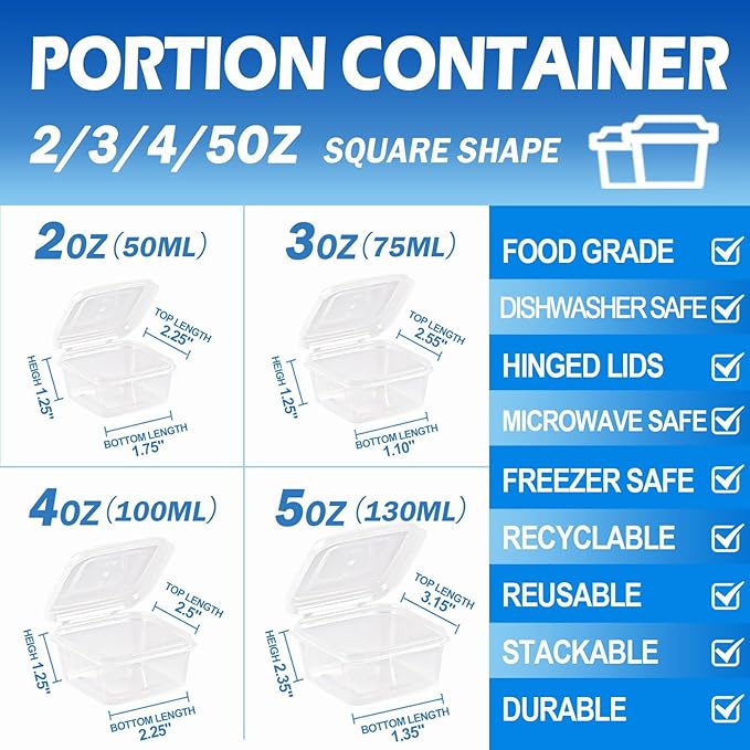 2/3/4/5oz Food Storage Containers with Lids Kits (200 pack), Small Plastic Containers with Lids, Disposable Condiment Portion Cups, Jello Shot Sauce Cups (Square)