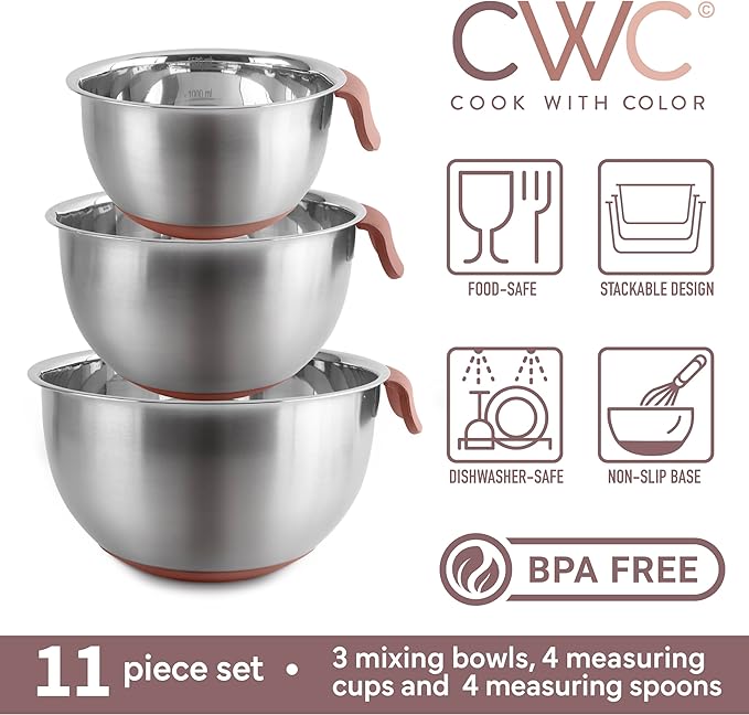 COOK WITH COLOR Stainless Steel Mixing Bowls Set and Measuring Cups- Nesting Bowls with Non-Slip Bottom and Easy-Grip Handles, Rose, 11 Pieces
