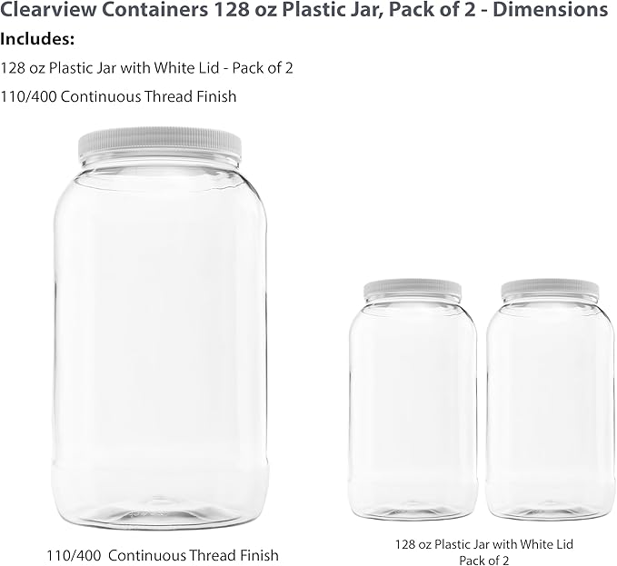 2 Pack of 128 Ounce Plastic Gallon Jars with 110/400 Leak Proof Seal Lid - Food Grade and BPA Free (128oz, 2pk)