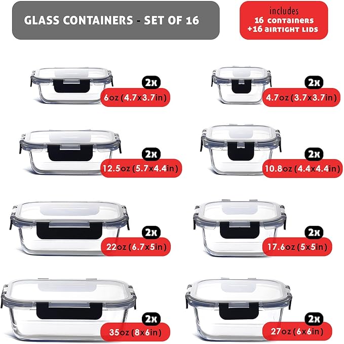 Eatex 32pc Glass Food Storage Containers with Lids, Airtight Glass Meal Prep Containers, 16 Reusable Glass Food Containers with 16 Leakproof Snap Lock Lids Oven Microwave Freezer Safe Lunch Containers