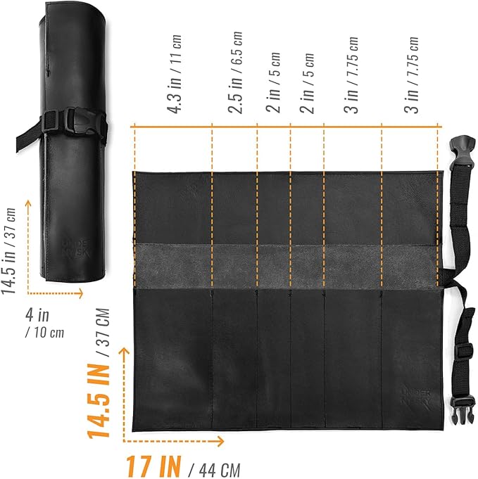 Under NY Sky Genuine Leather Knife Roll Case - 6 Slots - Real Leather Pouch - Portable Bag for Cooking Tools, Utensils, Cutlery Knives, Brushes - Chefs, Kitchen, Travel, Gift - Black