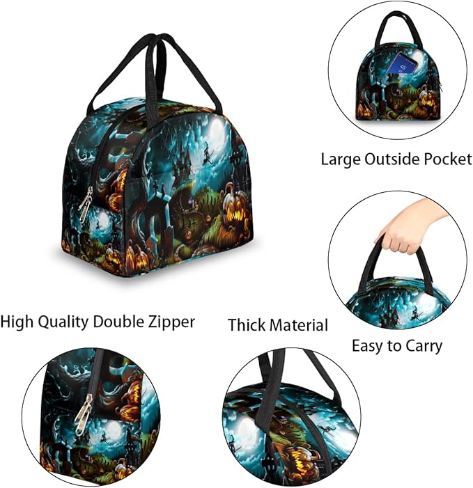 Insulated Lunch Bag for Women Men Halloween Witch Castle Pumpkin Waterproof Thermal Tote Bag Reusable Lunch Box Container Lunch Holder Leakproof Lunch Cooler Bag Picnic Travel Work