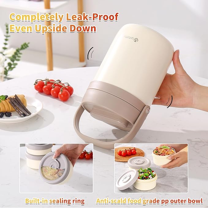 Adults Lunch Vacuum Soup Thermos For Hot Food with Inserts Stackable Bento Box Storage Container,Width Mouth Stainless Steel Portable Insulated Food Jar (white, 74 oz)