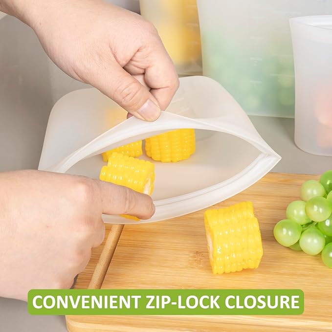 Reusable Storage Bag, 8 Pack 100% Silicone Food Storage Bags Stand Up Zip Lock Bags for Food, Freezer Microwave Oven Dishwasher Safe, 2 Extra Large(0.8 Gallon) 2 Large 2 Medium 2 Small, Translucent