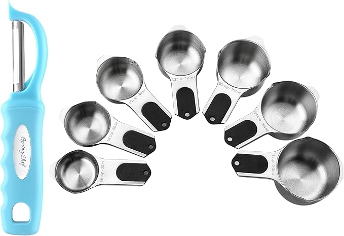 Spring Chef Premium Swivel Vegetable Peeler, Aqua Sky & Stainless Steel Magnetic Measuring Cups, Set of 7, Black - 2 Product Bundle