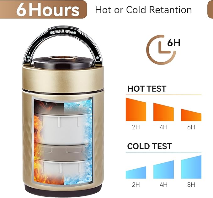 67 ozAdults Stainless Steel Vacuum Insulated Wide Mouth Soup Food Thermos Hot Food Jar with Keep Thermal Portable 3 Tier Stackable Bento Hot Food Containers Lunch Boxes (Gold)