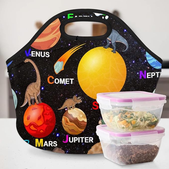 Kids Lunch Box for Boys Girls Dinosaur Planet Insulated Neoprene Children Lunch Bags Sturdy Soft Bag & Reusable Cooler Lunch Thermal Meal Tote Kit for School