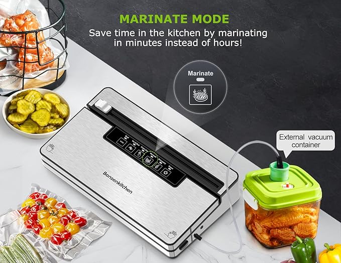 Bonsenkitchen Vacuum Sealer Machine, Stainless Steel Food Sealer Vacuum Sealers with 30 Bags & 1 Roll, 5 Food Vacuum Modes, Built-in Cutter & Bag Storage, Climate Pledge Friendly (Silver Black)