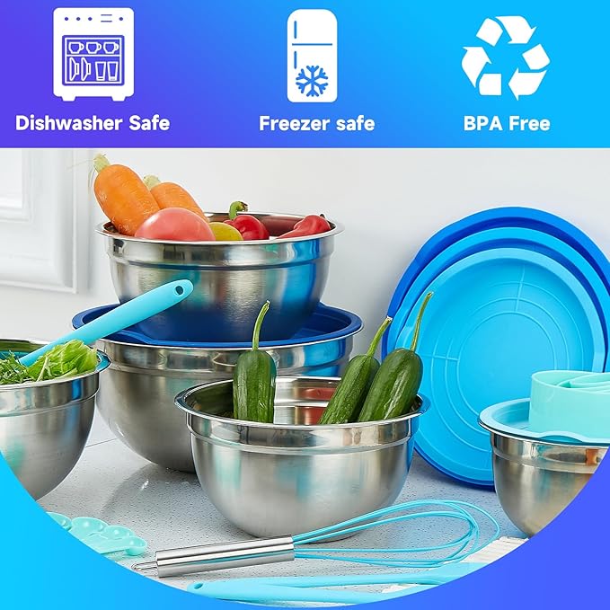 Mixing Bowls Set of 5,Stainless steel Nesting Bowls with Airtight Lids,Size 5, 4, 3.5, 2, 1.5QT for Baking,Cooking,Prepping and Saving Food (BLUE, 25PCS)