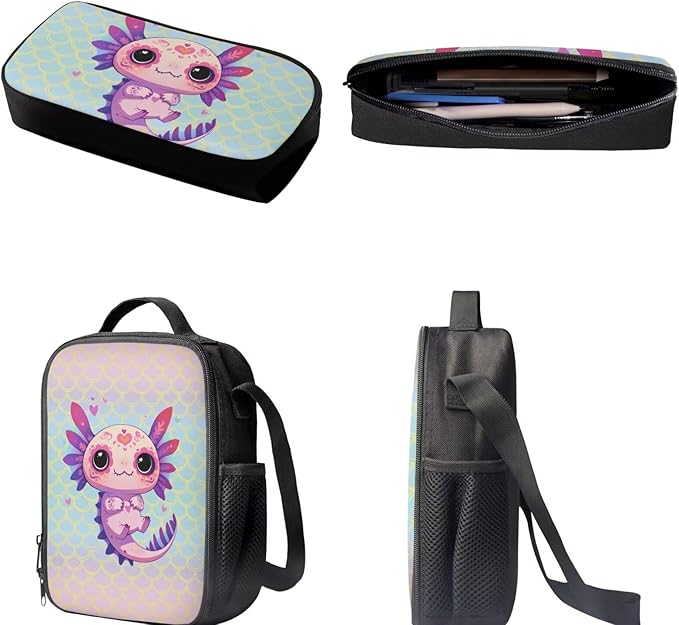 Dolyues Scale Axolotl 17-Inch Girls' 3-Piece Backpack Set - Waterproof School Bag with Lunch Box and Pencil Case - Perfect Travel Gift for School