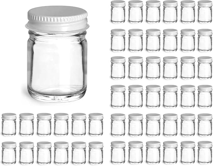48 Count Small Glass Jars with Lids, 1 oz Clear Glass Jars w/ White Metal Plastisol Lined Caps, Canning Jars, Spice Jars, Food Containers, Empty Glass Jars for Preserves, Spices, Samples, Cosmetics