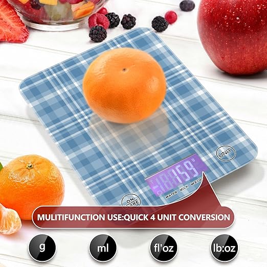 Food Scale Kitchen Digital Scale Food Ounces and Grams Dieting Baking Cooking Waterproof Glass Panels LCD Display,4 Units Scale Tare Function Plaid