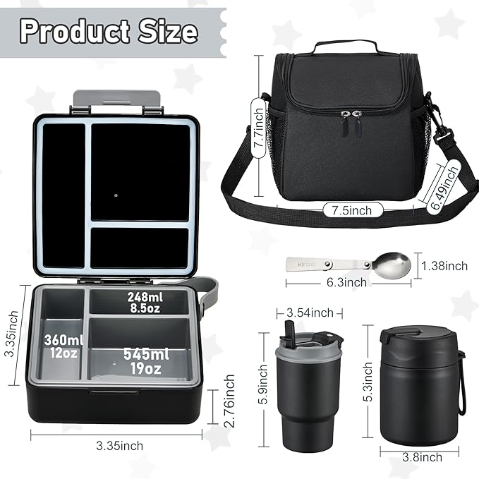 Bento Lunch Box for Kids with 17oz Soup Thermo,Insulated Tumbler Water Bottle and Insulated Lunch Bag,Leak-Proof 3 Compartment Lunch Food Container with with Ice Pack for Kids to School-Black