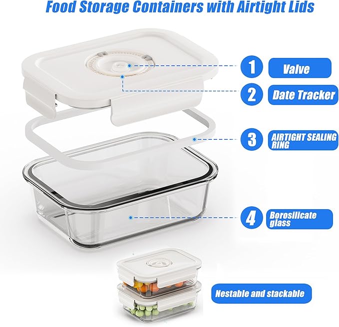 17 PCS Glass Food Vacuum Storage Containers, Up to 5 times longer, Premium Airtight, 100% Leak Proof, Vacuum Sealer Machine, 3 Containers, 10 Reusable Food Saver Sealer Bags,4 Sealing Clips