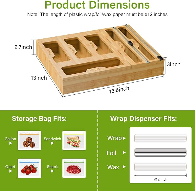 KOCWELL Bamboo Bag Storage Organizer - 2 Wrap Dispenser with Cutter & 4 Slots Food Storage Bags Container - Kitchen Drawer Plastic Bags Storage Organization for Gallon Quart Sandwich Snack Bags
