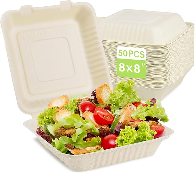 greensight Compostable Take Out Food Container 8X8, 50 Pack Disposable To Go Food Boxes, Biodegradable Clamshell Food Container, Eco-Friendly Made From Sugarcane Fibers