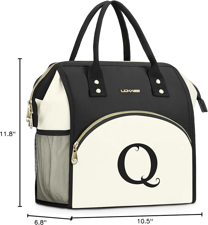 Personalized Lunch Bag for Women, Preppy Reusable Insulated Initials Lunch Box Gift for Friend Large Wide-Open Water Resistant Adult Cooler Tote Bag for Work, Travel, Picnic - Black Q