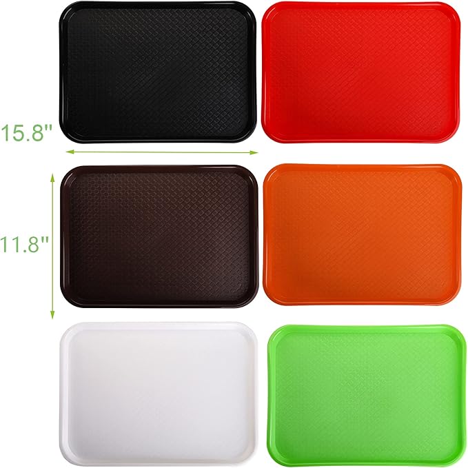 Yarlung 6 Pack Plastic Fast Food Trays, 16x12 Inches Restaurant Serving Trays Set for Coffee Table, Kitchen, Party, 6 Colors