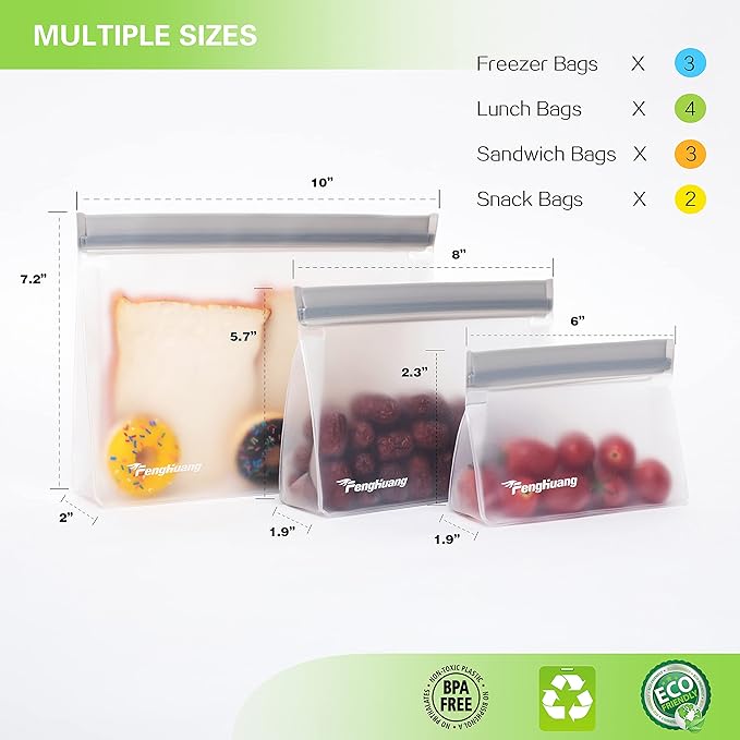 12 Stand Up Extra Thick Leakproof Reusable Food Bags - Reusable Freezer & Storage Bags