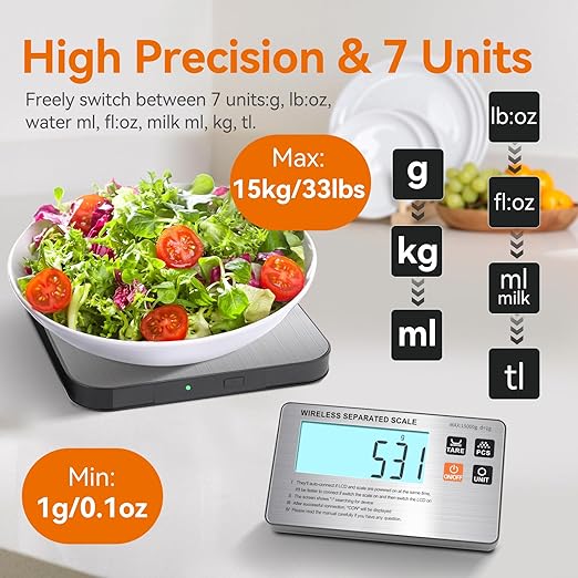 Wireless Separated Food Scale, 33 lb Digital Kitchen Split Scales Weight Grams and Ounces for Baking Cooking and Meal Prep, LCD Display, 7 Units with Tare Function (Batteries Included)