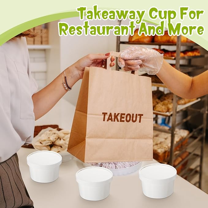 Fulmoon 100 Pack Paper Soup Containers with Lids Disposable Paper Food Containers with Vented Lids Kraft Ice Cream Bowls Soup Cup Ice Cream Cups for Restaurants(6 oz,White)