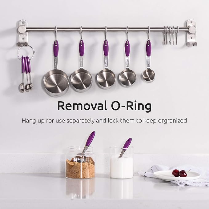 U-Taste 600°F Heat Resistant Silicone Kitchen Tongs, 18/8 Stainless Steel Measuring Cup and Spoon Set of 10, Stainless Steel Offset Icing Spatula Set (Purple)