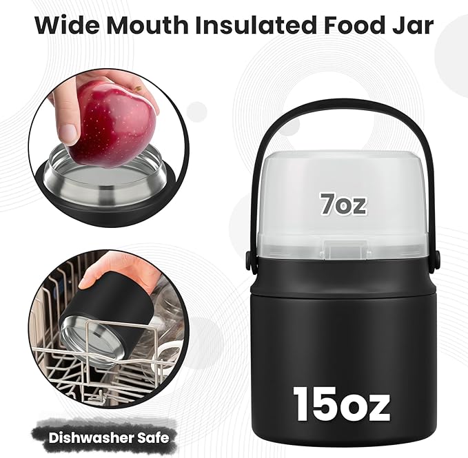 2-In-1 Soup Thermo for Hot Food Kids, 15 Oz Insulated Lunch Container and a Snack Box, Wide Mouth, Leak Proof, Stainless Steel Spoon, Dishwasher Safe Food Thermo Set for School, Work, Travel, Black