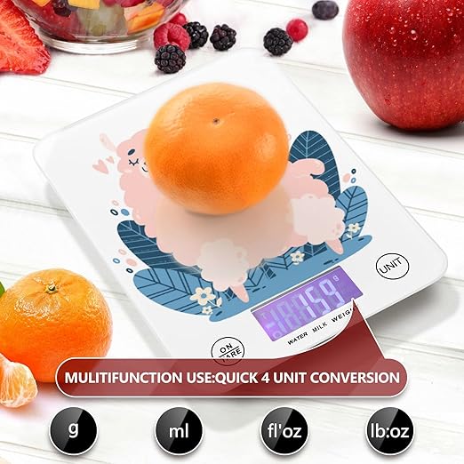 Food Scale Kitchen Digital Scale Food Ounces and Grams Dieting Baking Cooking Waterproof Glass Panels LCD Display,4 Units Scale Tare Function Cute Alpaca