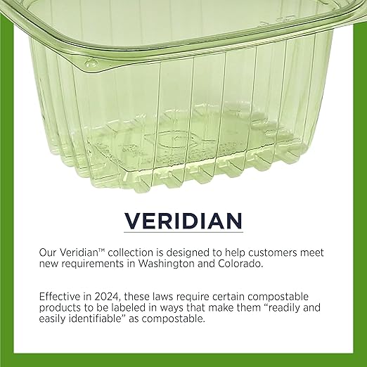 ECO PRODUCTS Compostable 32oz Rectangular Deli Containers With Lids, Pack of 50, Veridian Clear Green Meal Prep, Made from PLA, A Renewable Material Made from Plants, One Lid Fits All