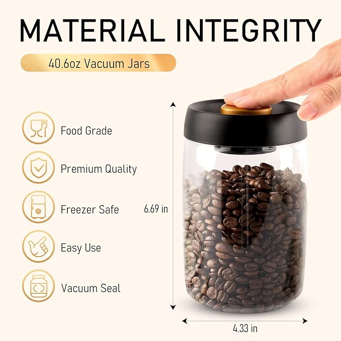Coffee Vacuum Container Mason Jars: Food Coffee Bean Storage Containers with Lids Airtight, Plastic Wide Mouth Mason Jars Vacuum Sealer, Manual Vacuum Extraction Sealed Tank, 2pcs 1200ml