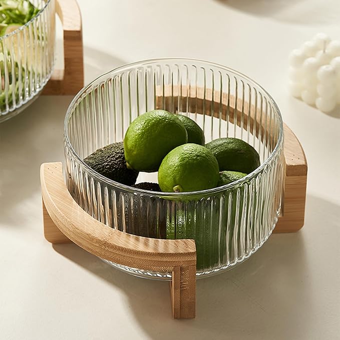 Ribbed Glass Salad Bowl with Wooden Stand – Large Mixing Bowl for Serving Salad, Fruits, Pasta & Desserts – Elegant Glass Serving Bowl with Natural Bamboo Holder – Modern Kitchen & Dining Tableware