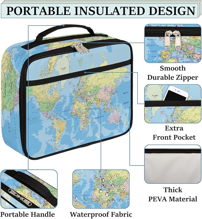Political World Map Lunch Box for Women Men Map Blue Ocean Soft Insulated Lunch Bag with Handle Freezable Lunch Cooler Reusable Lunch Tote Bag for Office Work Sports Beach Picnic Travel