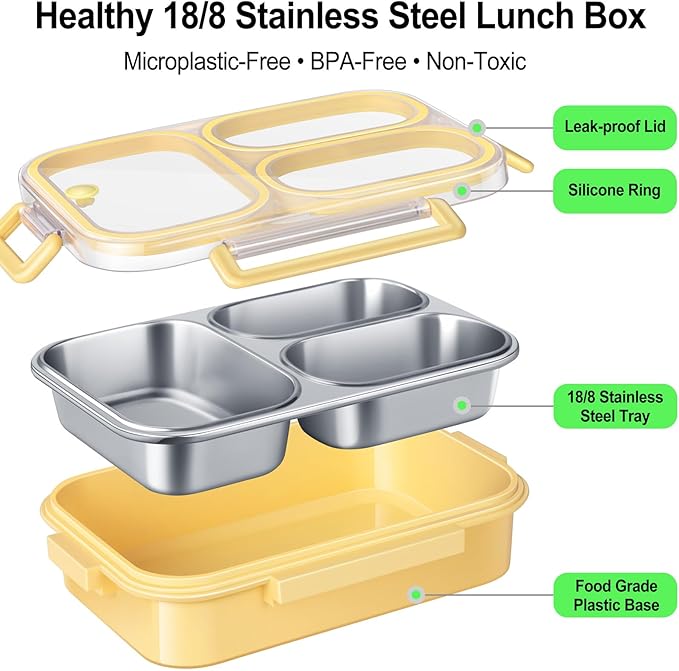 Stainless Steel Lunch Box for Kids & Adults - 25 oz - Leakproof 3 Compartment Metal Lunch Container - 18/8 Stainless Steel Bento Box - Ideal for School, Office & Outdoor - Dishwasher Safe (Yellow)