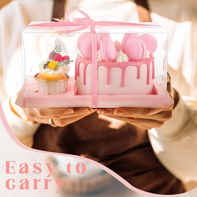 2 Pack Bento Cake and Cupcake Box Fit 2 Cupcakes and 1 Mini Cake for Mother's Day Easter Wedding Birthday Party Bakery Baking Supplies (Pink)