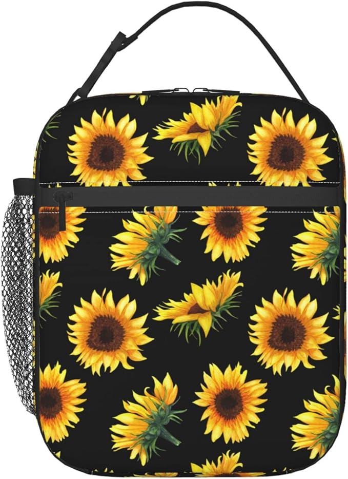 YETTA YANG Sunflower Flower Floral Black Portable Lunch Bag Insulated Lunch Box Reusable Totes For Women Men Work Picnic Camping