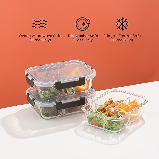 JoyJolt Divided 3 Compartment Glass Meal Prep Bento Box Set. 5 Pack Airtight Food Storage Containers with Lids for Portion Control and Weight Loss