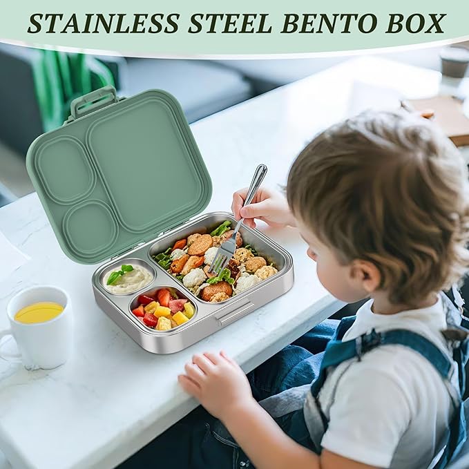 Stainless Steel Lunch Box, Leak-Proof with free sealing Bento Box 3 Compartments, Metal Lunchbox for Travel & Work, Eco-Friendly Meal Storage Solution Green