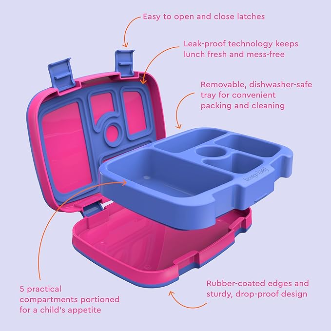 Bentgo Kids Bento-Style 5-Compartment Leak-Proof Lunch Box - Ideal Portion Sizes for Ages 3 to 7 - Durable, Drop-Proof, Dishwasher Safe, BPA-Free, & Made with Food-Safe Materials (Fuchsia)