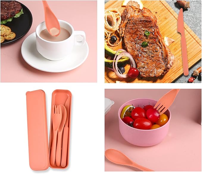 Travel Cutlery Set with Case, Portable Dark Wheat Straw Silverware Utensils Set for Adults, Tableware Camping Utensils for Kitchens Travel Picnic Camping or Daily Use (Dark orange)