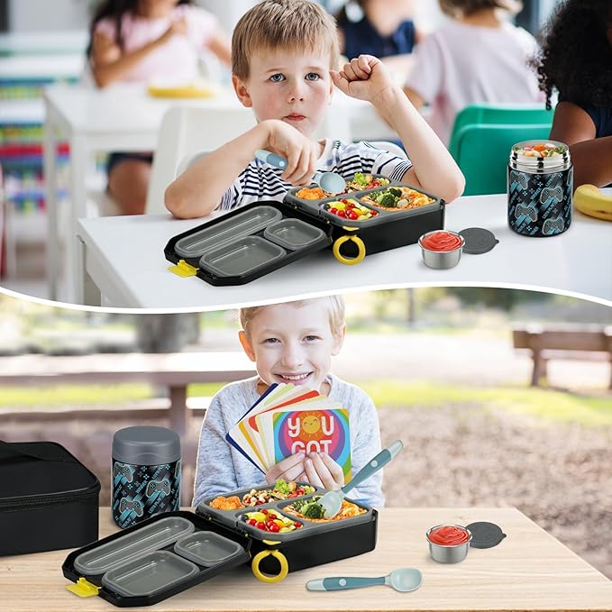 Bento Lunch Box for Kids with 12oz Soup Thermo Leak-Proof Lunch Food Container with 5 Compartment Thermo Hot Food Jar and Insulated Lunch Bag for Kid Toddler Girls Boys to School