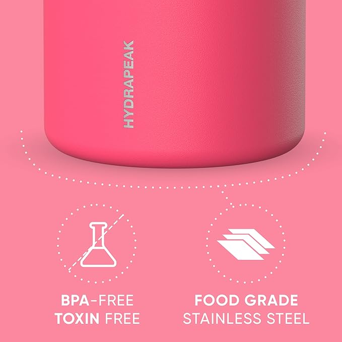 Hydrapeak 32oz Stainless Steel Vacuum Insulated Thermos Food Jar | Wide Mouth Leak-Proof Soup Container for Adults, 10 Hours Hot and 16 Hours Cold | Hot Pink