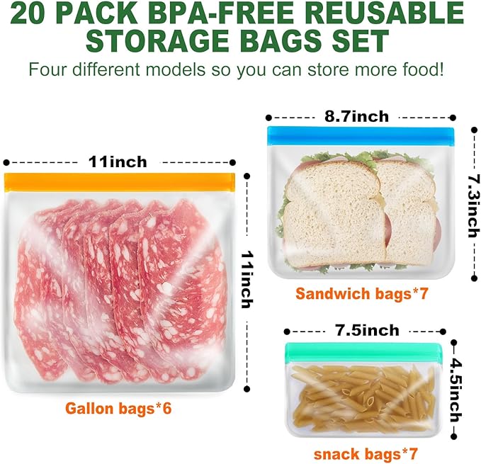 20 Pack Reusable Food Storage Silicone Bags, 6 Large Food Storage Bags Gallon Freezer Bags 7 Reusable Sandwich Bags Zip Lock 7 Snack Bags, Lunch Home Kitchen Fridge Organization Meal Prep Containers