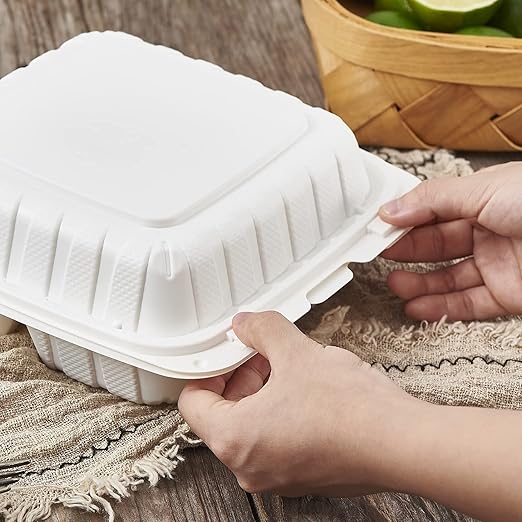 8X8" 3Compartment 50-Pack Plastic Clamshell Take Out Food Containers, Heavy Duty To-go Disposable Lunch Box For Cake, Sandwich, Salad, Dessert, Restaurant Meal Prep Packaging Catering Hinged Container