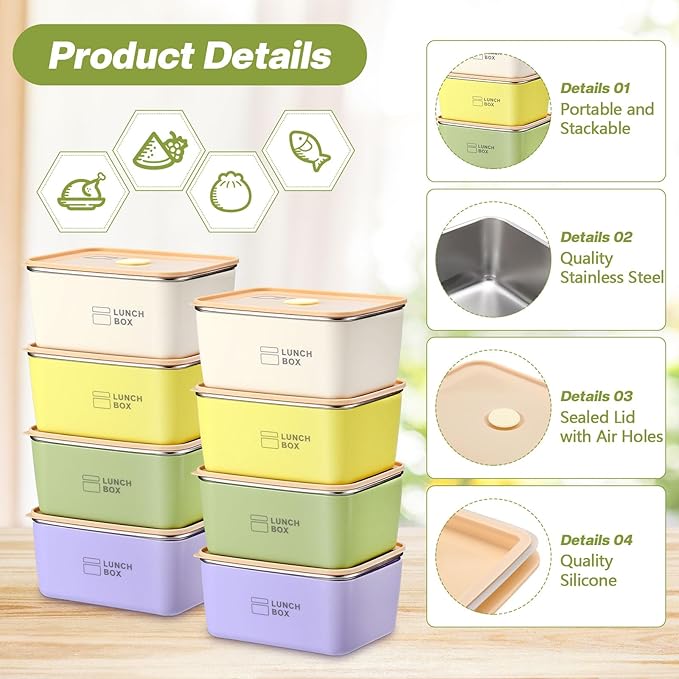8 Pcs Stainless Steel Food Storage Containers with Lids 20 oz Metal Snack Containers Box for Dishwasher Freezer & Microwave Safe, Stainless Steel Lunch Box for Meal Prep, Leftovers