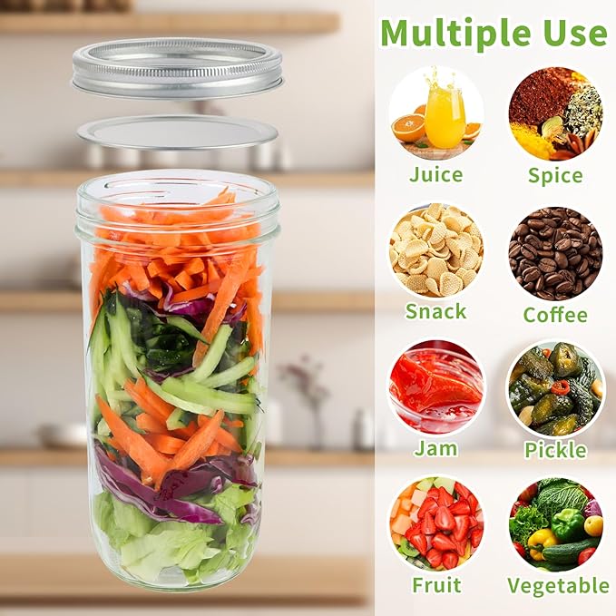Wide Mouth Mason Jars 24 oz, 6 Pack 720ml Glass Canning Jars with Airtight Lids, Large Storage Jars with Labels Brush, Clear Mason Jars for Canning, Fermenting, Pickling, DIY Projects