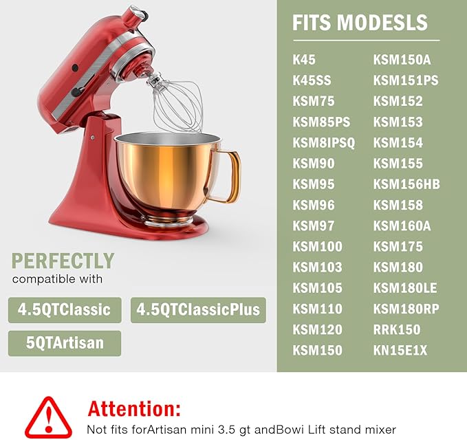 5QT Stainless Steel Mixer Bowl Compatible with Kitchenaid Stand Mixers, Kitchenaid Mixing Bowl Replacement Bowl for 4.5-5 QT Tilt-Head Mixer with Handle, Rose gold
