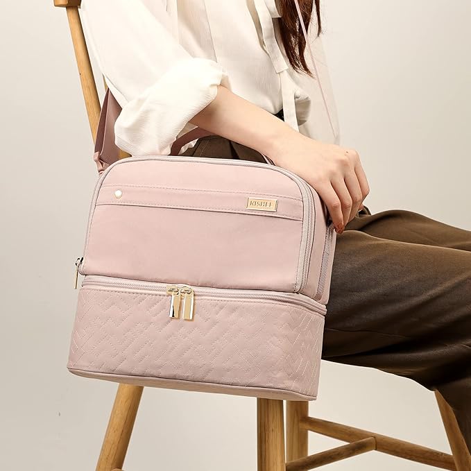 NISHEL Lunch Bag for Women, Insulated Two Separate Compartments Meal Box with Adjustable Shoulder Strap, Leakproof Cooler Case for Work, Pink