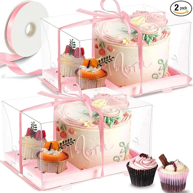 2 Pack Bento Cake and Cupcake Box Fit 2 Cupcakes and 1 Mini Cake for Mother's Day Easter Wedding Birthday Party Bakery Baking Supplies (Pink)