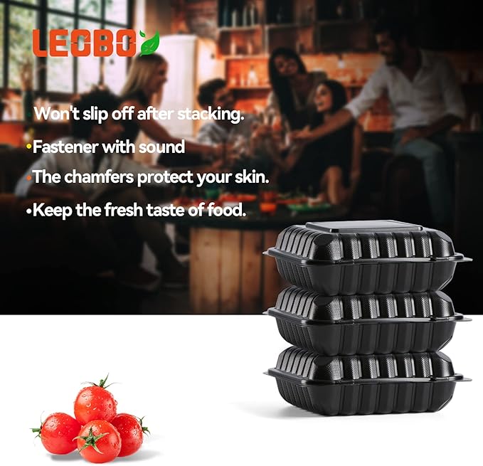 Meal Prep Containers, Reusable 65 Pack Clamshell Food Container 7.8 Inch Black MFPP 3 Compartment To Go Bento Boxes